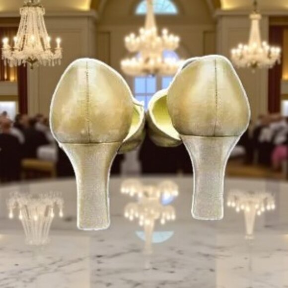 Stuart Weitzman Gold Lame & Rhinestone Mid Heel Formal - Picture 5 of 12